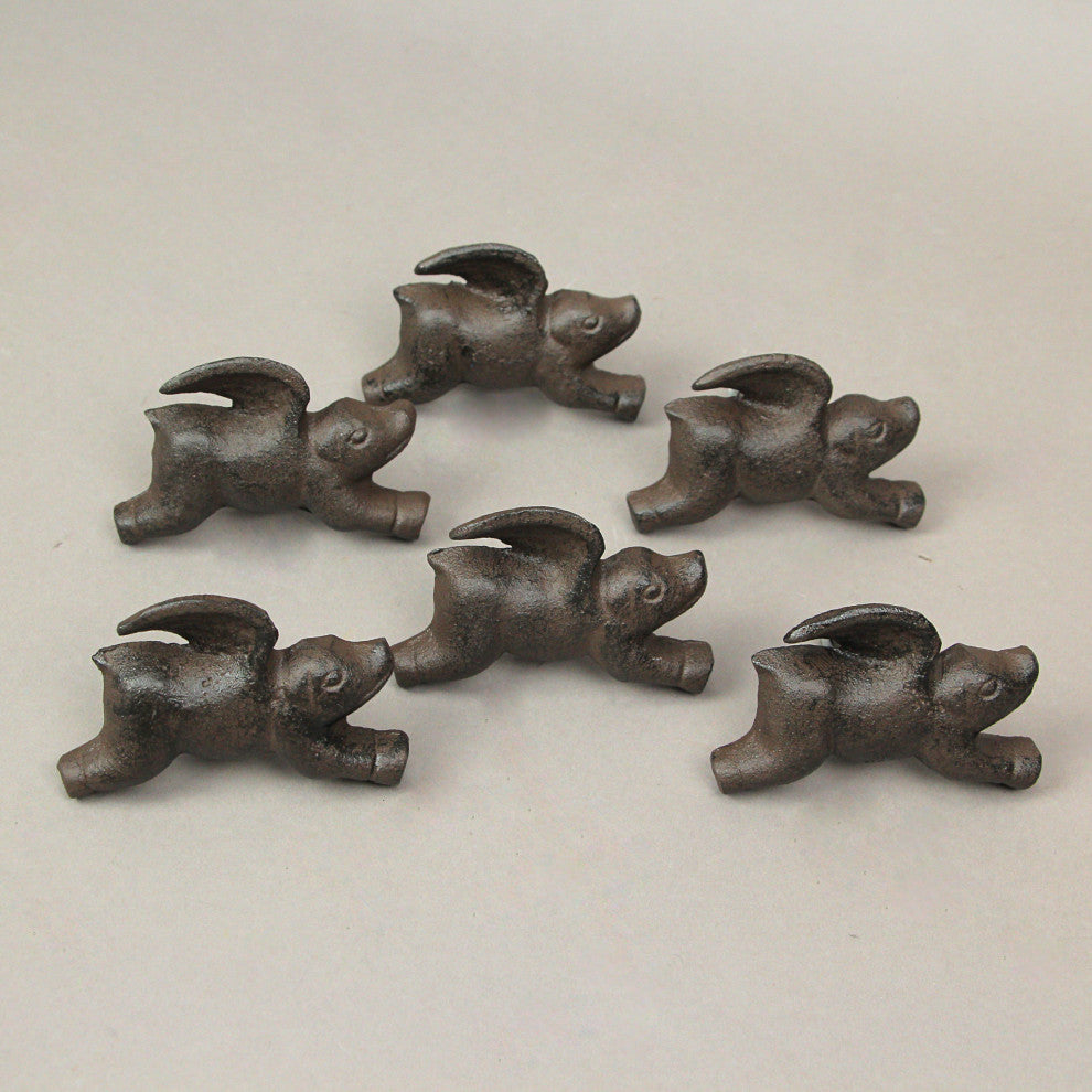 Set of 6 Cast Iron Flying Pig Drawer Pulls Decorative Cabinet Knobs Home Decor