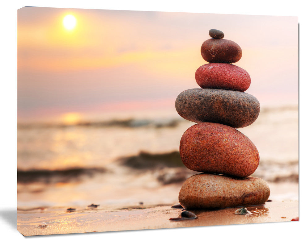 Stones Pyramid on Sand Symbolizing Zen, Landscape Canvas Art Print, 40"x30"