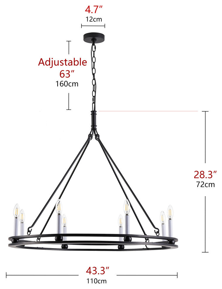 Industrial Black 8-Light Large Round Candle Chandelier for Dining Room