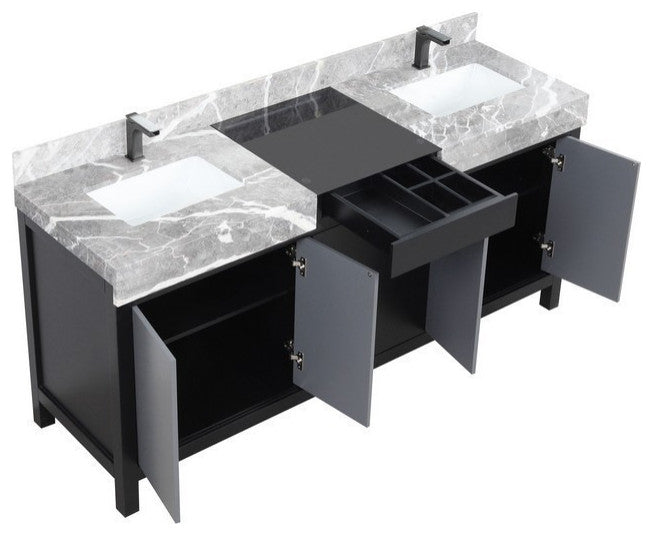Zilara 72" Black and Grey Double Vanity, Balzani Gun Metal Faucet Set