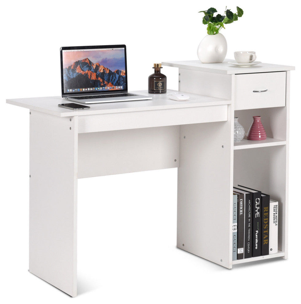 Costway Computer Desk PC Laptop Table w/Drawer & Shelf Home Office Furni White