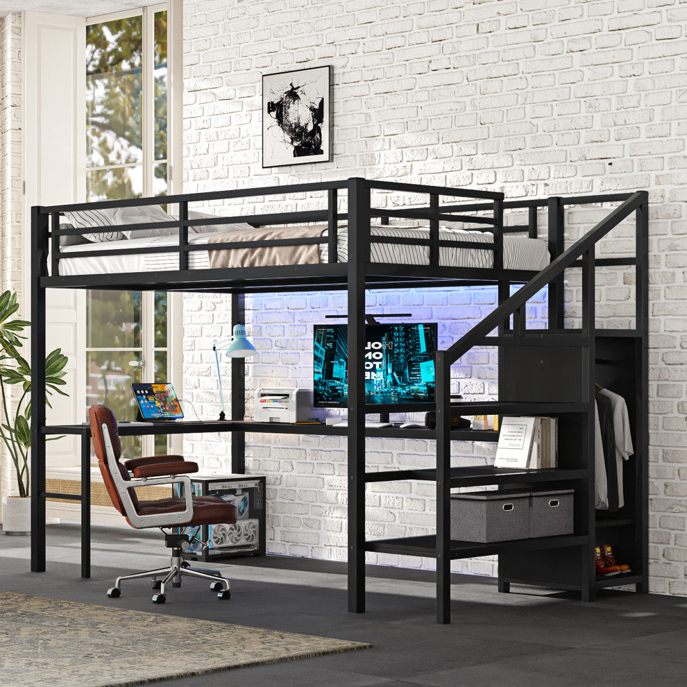 Gewnee Full Size Loft Bed with L-shaped Desk and USB