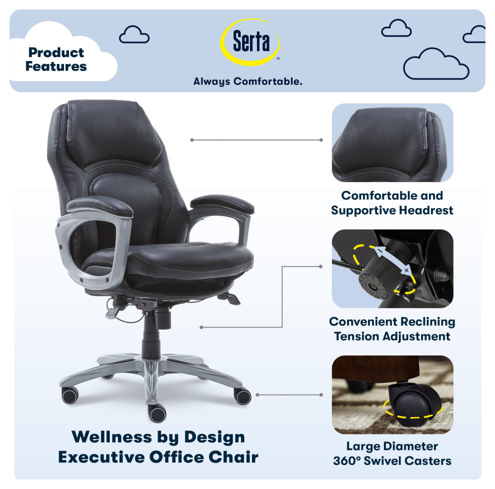 Serta Delvin Wellness by Design Executive Office Chair Bonded Leather Black