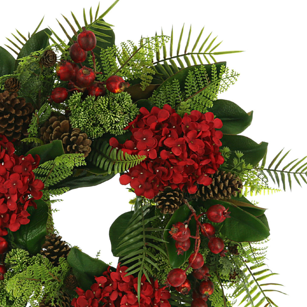 26" Hydrangea Holiday Wreath with Sedum, Pinecones and Berries