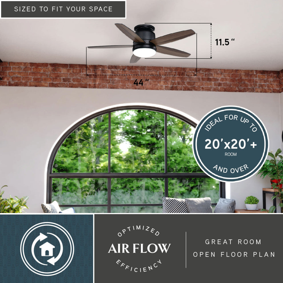 Armon Flush Mount 44" Ceiling Fan With LED Light Kit and Remote, Black