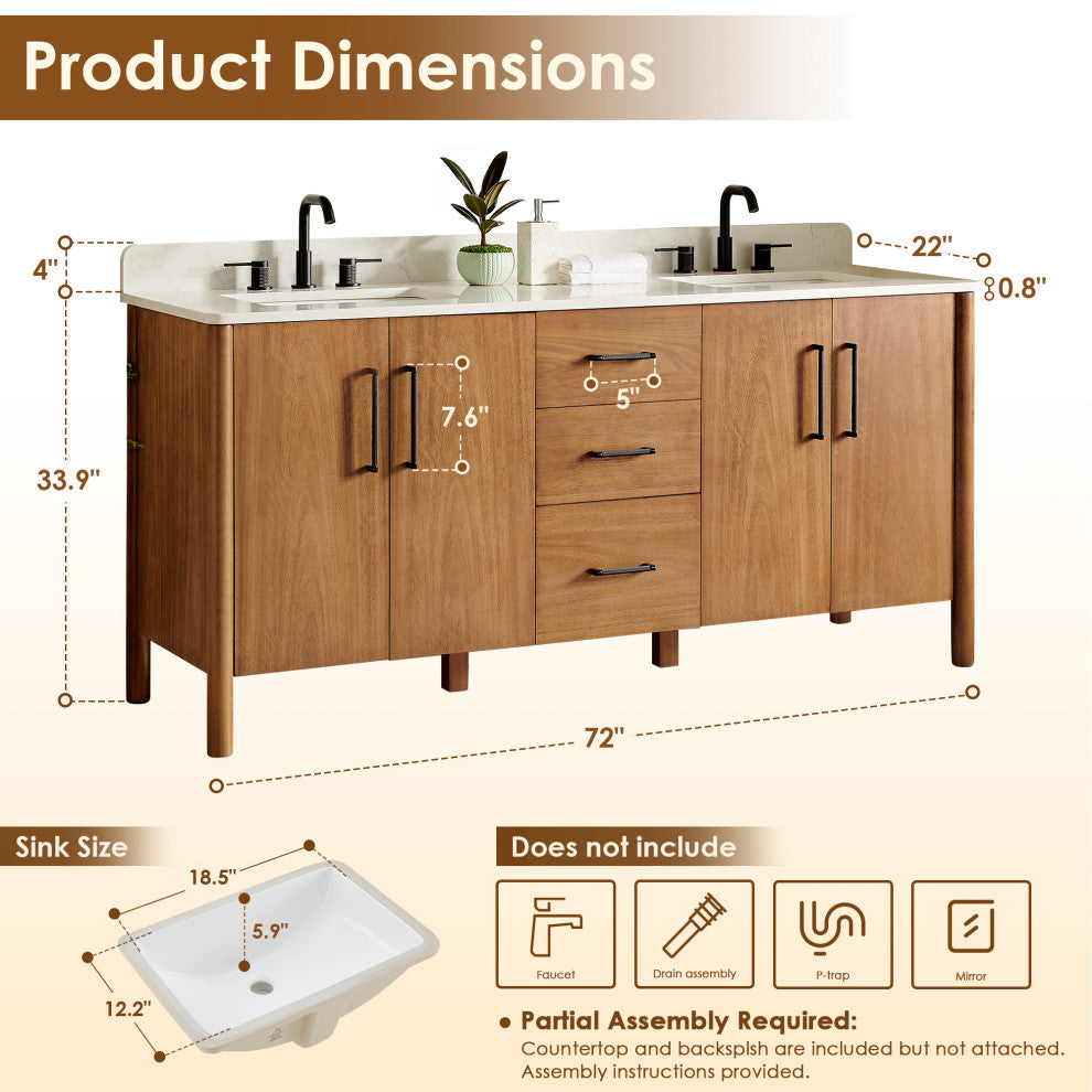 Velora Bathroom Vanity, Mango Brown, 72", No Mirror