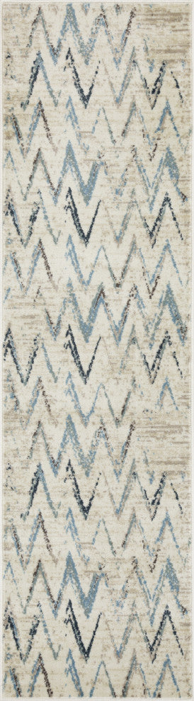 2"x8" Beige Blue Distressed Chevron Runner Rug