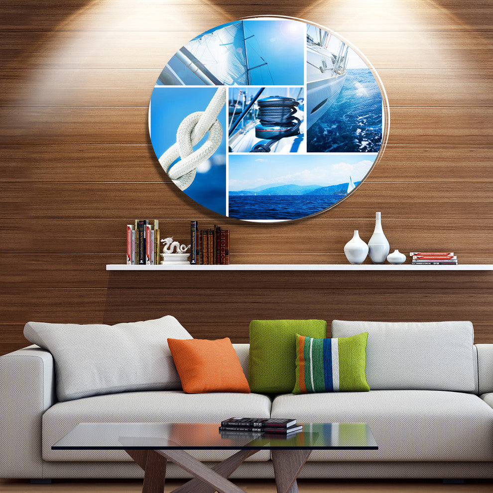 Sailing Yacht In Blue Sea Collage, Seashore Disc Metal Artwork, 23"