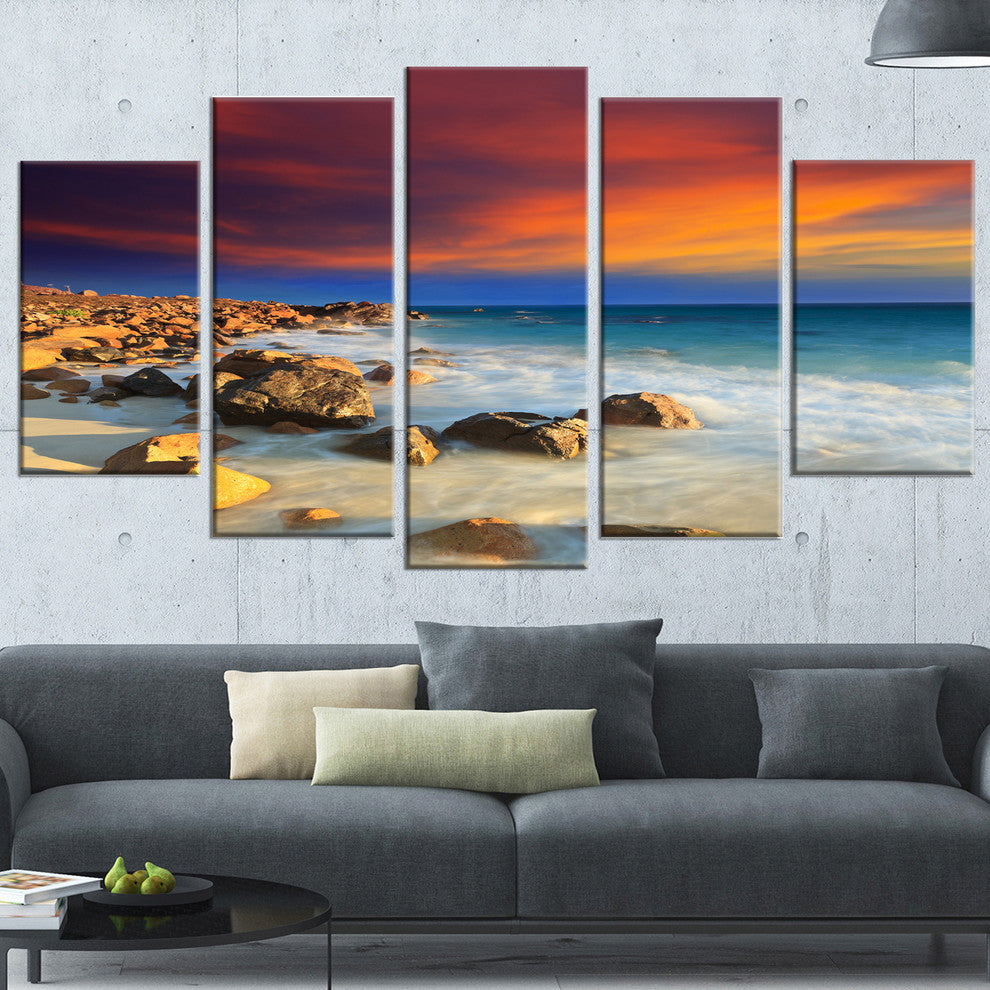 "Beach With Stones On Foreground" Seascape Art Canvas, 5 Panels, 60"x32"