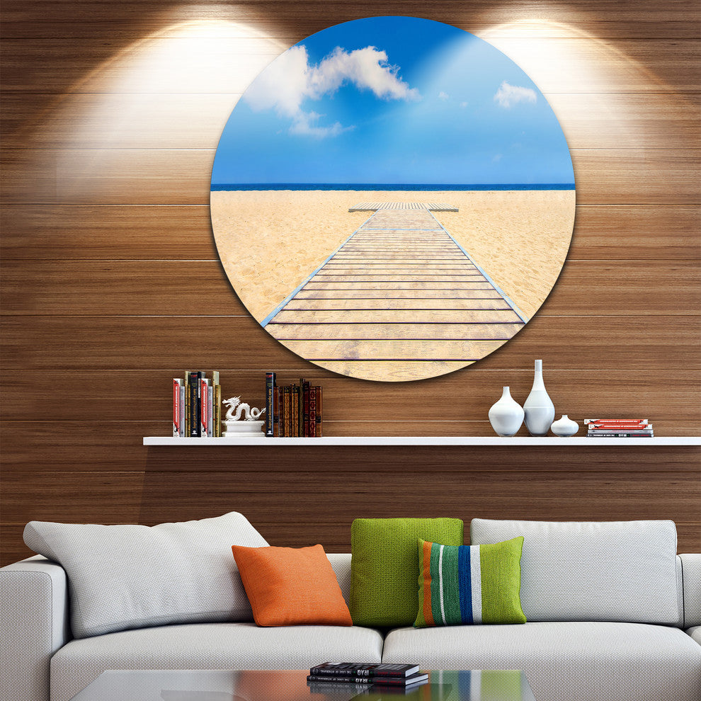 Beach And Sea With Wooden Floor, Seashore Art Round Wall Art, 23"
