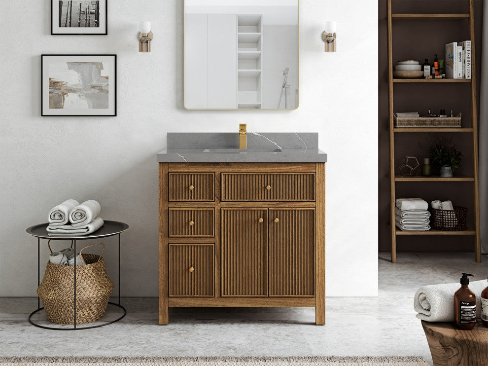Sonoma Teak 36 Center Sink Vanity in Dark Natural with 2" Piatra Gray Quartz