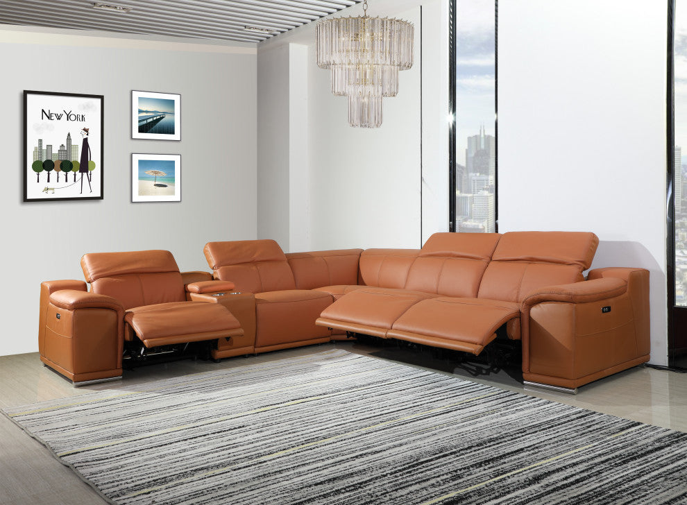 Federico 6-Piece L-Shaped Top Grain Italian Leather Sectional, Camel