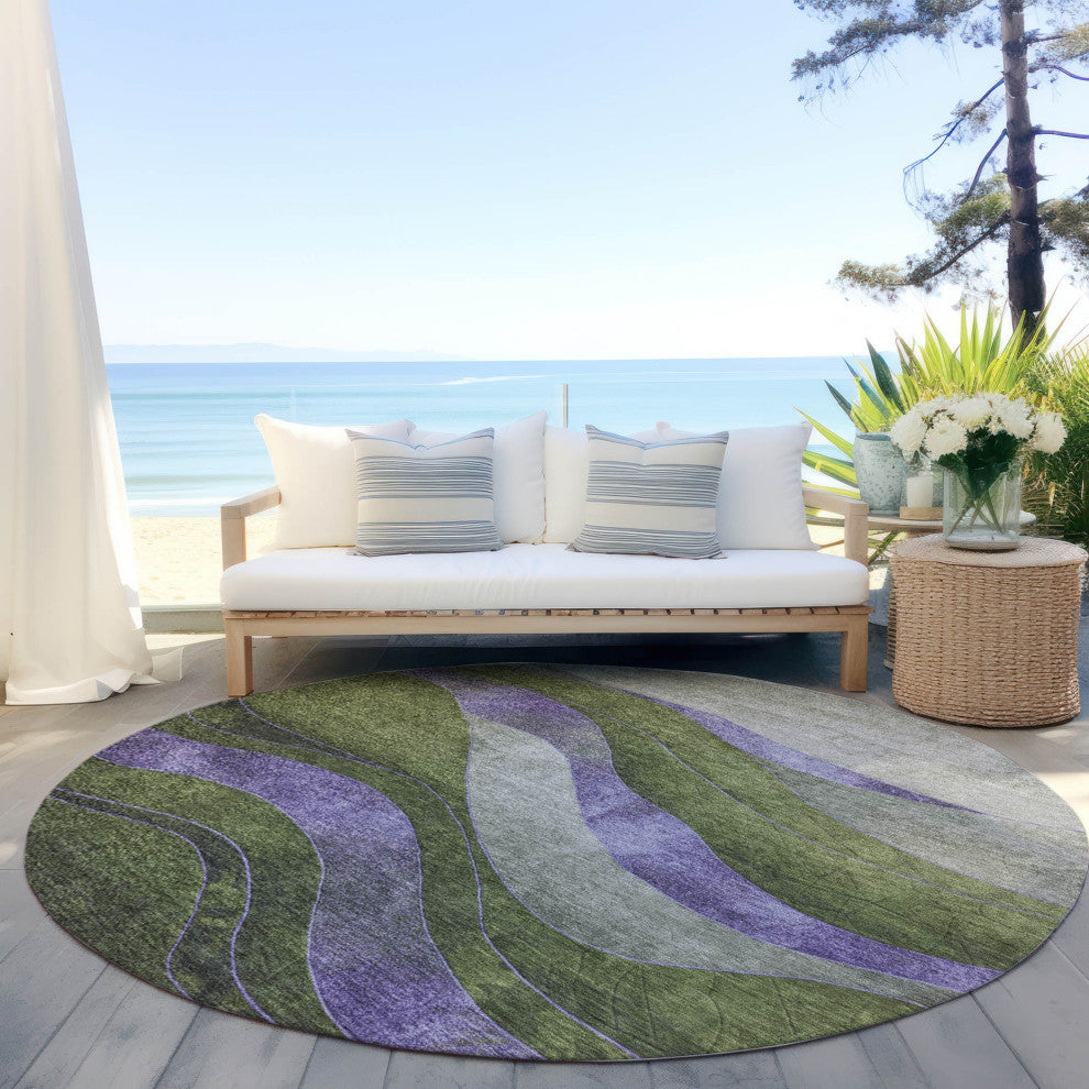 Machine Washable Indoor/Outdoor Chantille ACN1892 Olive 8' x 8' Round Rug