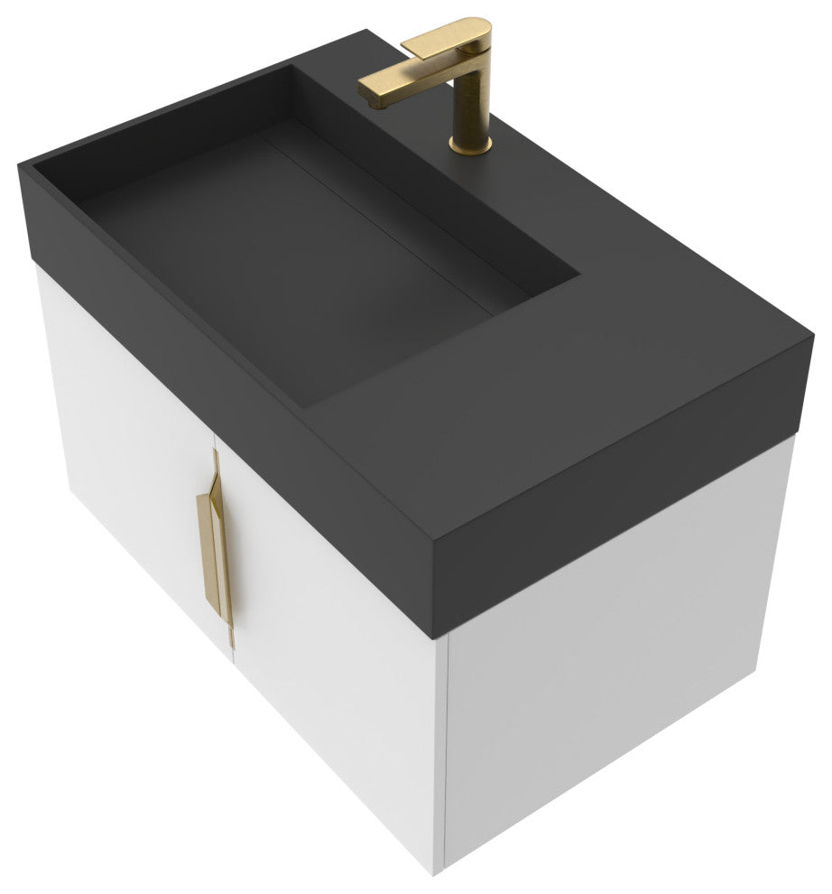 CastelloUSA Amazon 30" Left Wall Mounted Bathroom Vanity Set, White, Black Top, Gold Handles