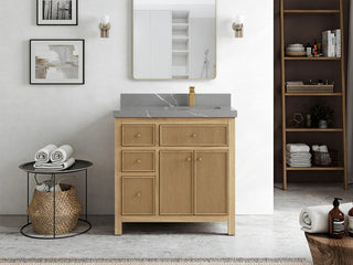 Sonoma Teak 36 Right Offset Bath Vanity in Light  Natural with 2" Piatra Gray