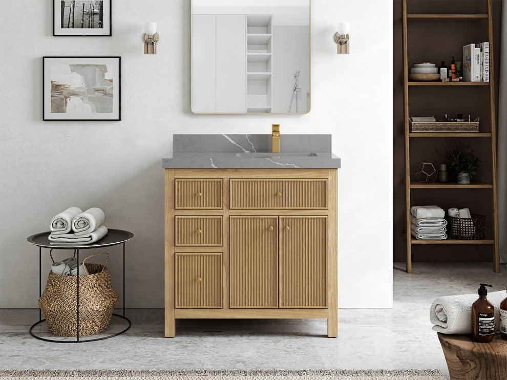 Sonoma Teak 36 Right Offset Bath Vanity in Light  Natural with 2" Piatra Gray