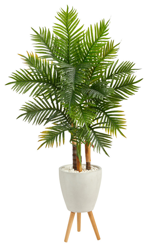 63" Areca Artificial Palm Tree, White Planter With Stand, Real Touch
