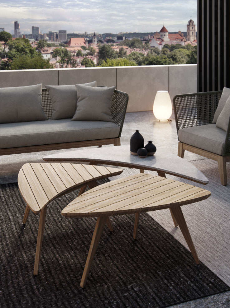 3-Piece Triplica Bunching Table Set, Weathered Eucalyptus and Super Stone