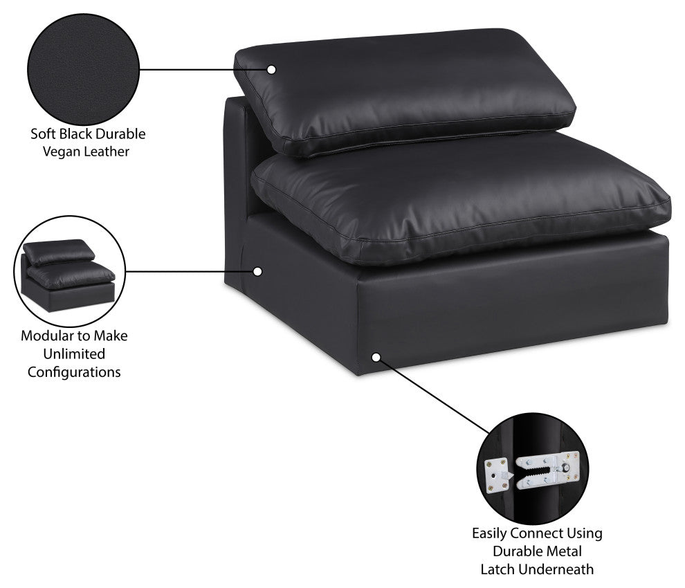 Comfy Beige Linen Textured Fabric Modular Chair, Black, Vegan Leather, Armless Chair