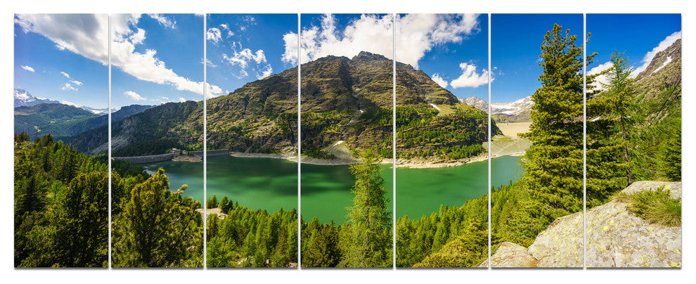 Greeny Alpine Reservoir, Landscape Canvas Art Print, 83"x32", 7 Panels