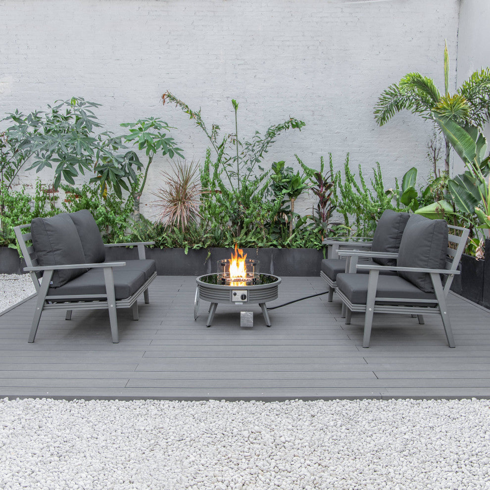 LeisureMod Walbrooke Patio Sofa Set With Round Fire Pit Table, Charcoal