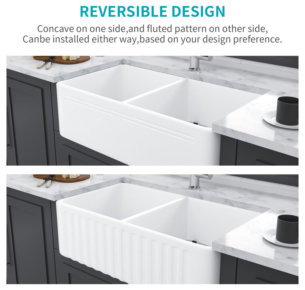 White Ceramic 33 in. Double Bowl Farmhouse Apron Kitchen Sink with Bottom Grid