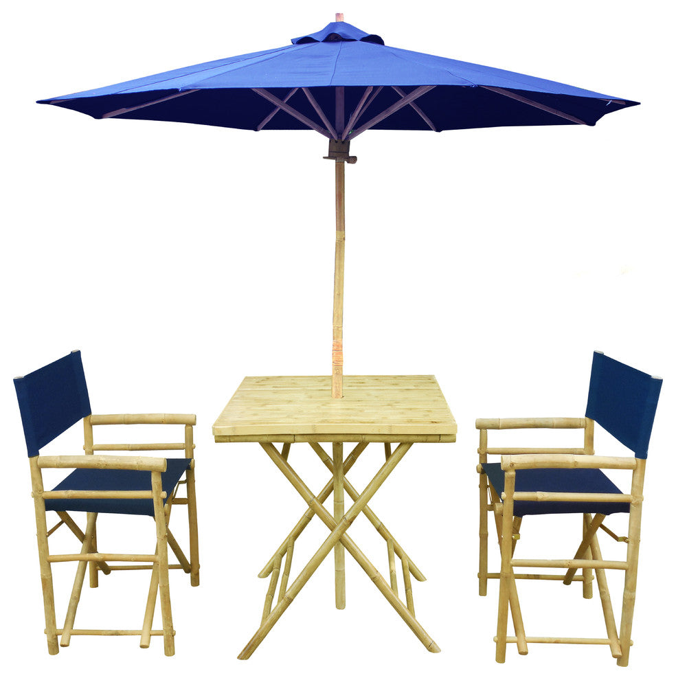 Set of Bamboo Square Table, 2 Director Chair, 1 Umbrealla, Indigo