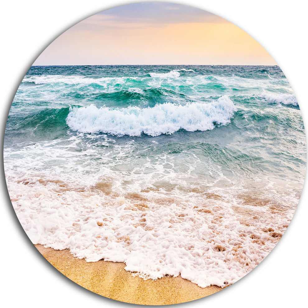 Foaming Waves Splashing The Sand, Seashore Round Metal Wall Art, 38"