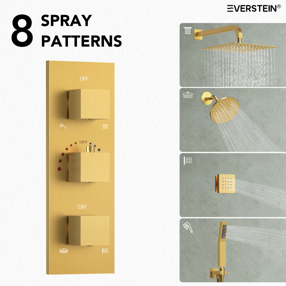 Dual Heads 12" Rain Shower System With 3 Way Thermostatic Faucet,Body Jets, Brushed Gold