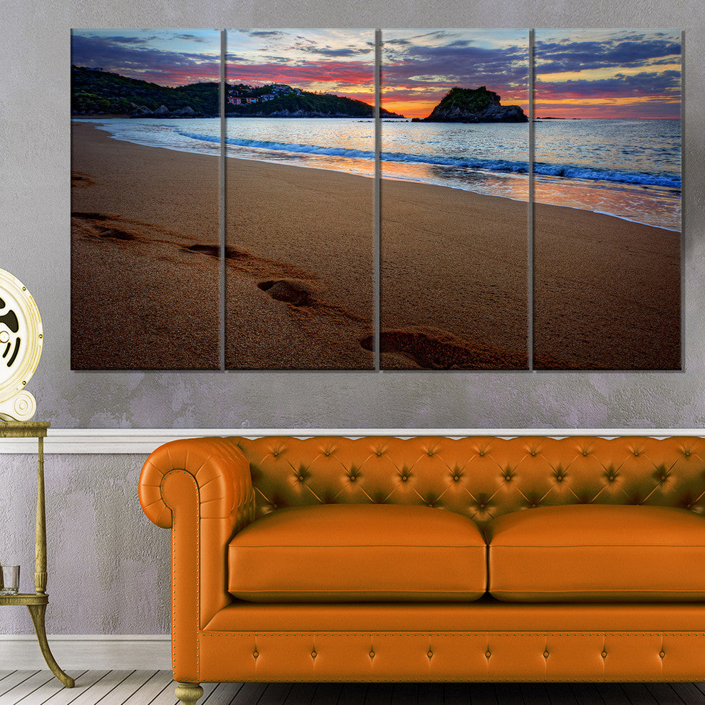 Trodden Sand on Ocean Beach, Seashore Photo Canvas Art Print, 48"x28", 4 Panels