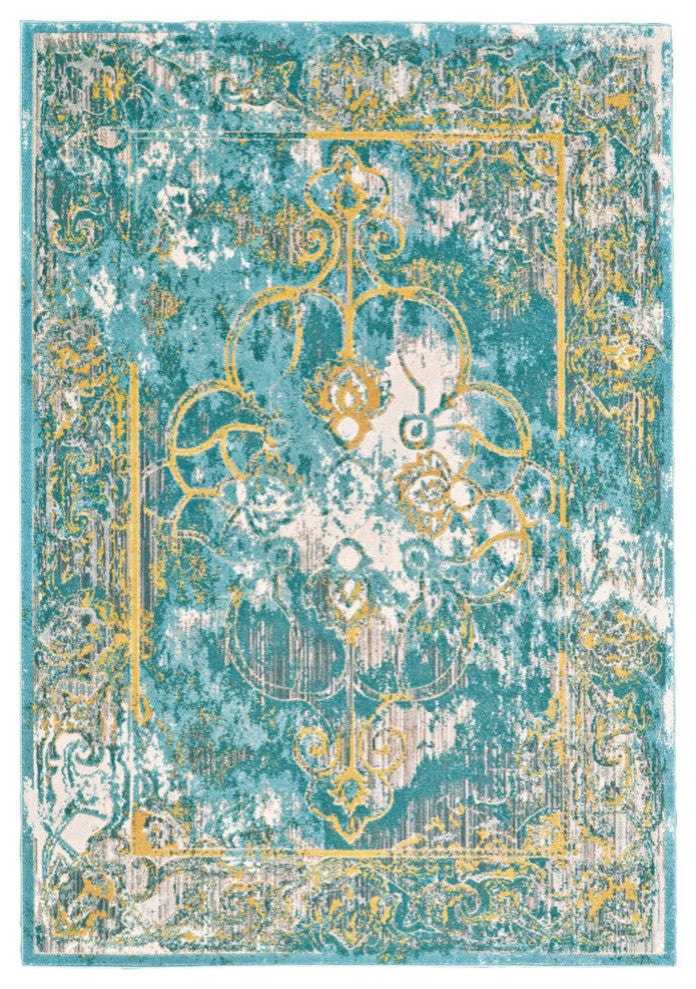 Weave & Wander Arsene Distressed Medallion Rug, Capri Blue/Gold, 2'2"x4'