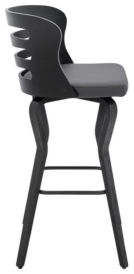Verne 30 Swivel Gray Faux Leather and Black Wood Bar Stool