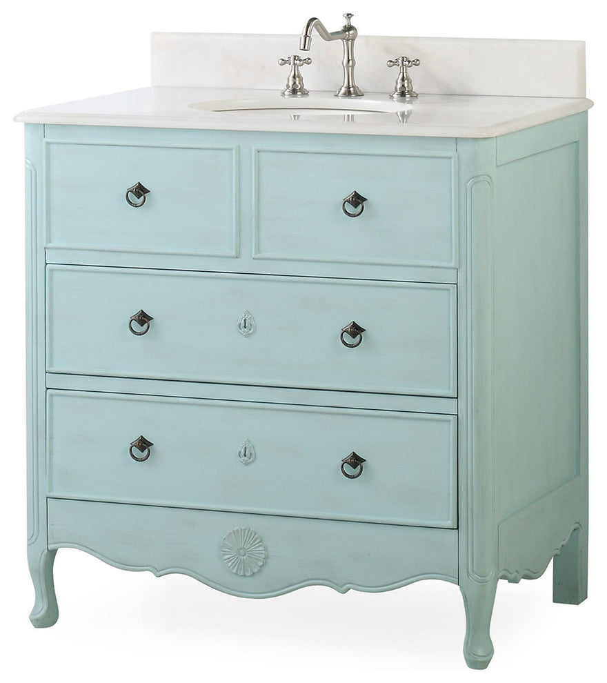 34 Inch Distressed Antique White Daleville Cottage Style Bathroom Sink Vanity, Distressed Light Blue, 34''
