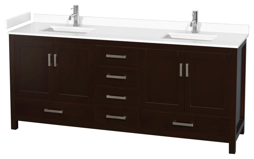 80" Double Bathroom Vanity, Espresso, White Cultured Marble Countertop, Sinks