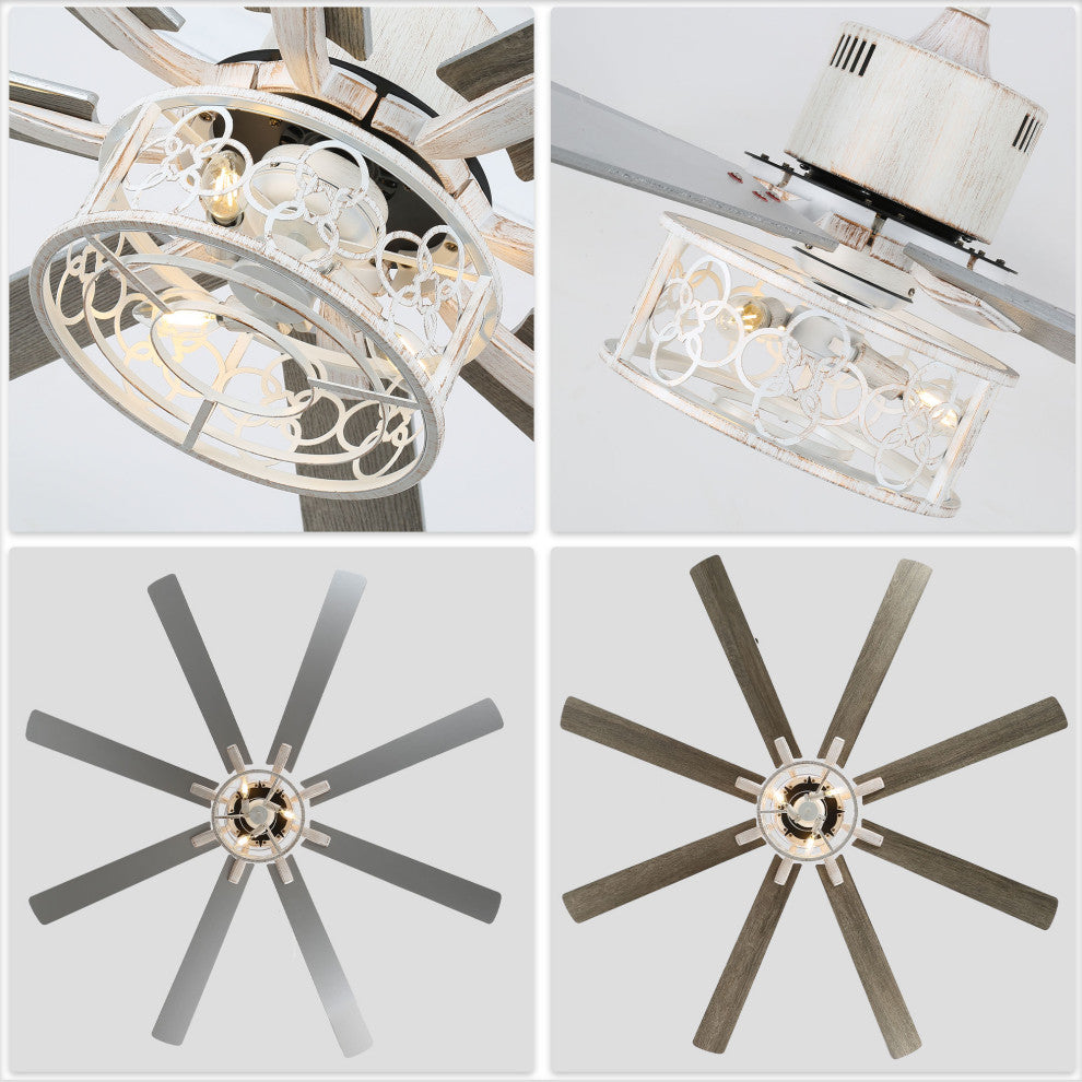 72" Antique Large Ceiling Fan with Light Kit, 8 Wood Blades Ceiling Fan, Chrome