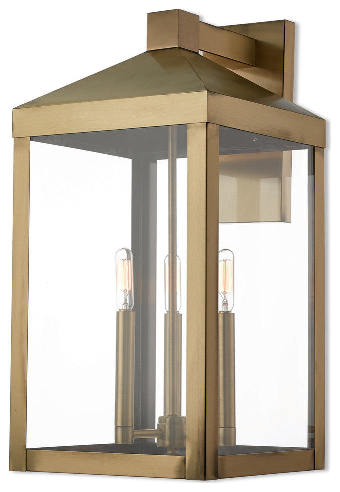3 Light Outdoor Wall Lantern, Antique Brass