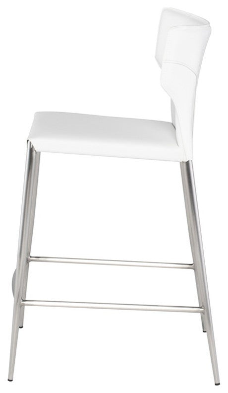 Wayne Bar Stool, Modern Leather Barstool, Brushed Stainless Steel Legs, White
