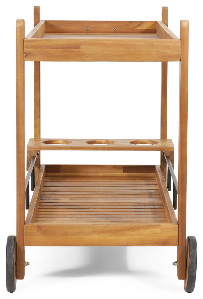 Bonneau Outdoor Acacia Wood 2 Tiered Bar Cart With Bottle Holders