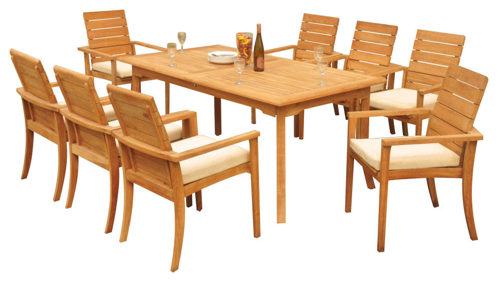 9-Piece Outdoor Teak Dining Set: 94" Rectangle Table, 8 Alps Stacking Arm Chairs