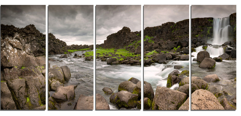 Dramatic Oxarafoss Waterfalls, Abstract Art on Canvas, 60"x28", 5 Panels