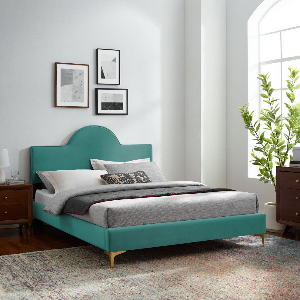 Platform Bed Frame, King Size, Teal Blue, Velvet, Modern, Bedroom Guest Suite