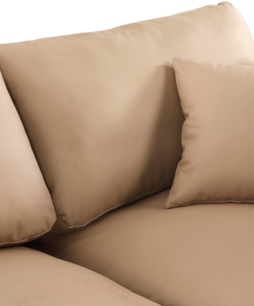Comfy Upholstered L-Shaped Modular Sectional, Tan, 6-Piece: 3 Armless Chair, 1 Corner Chair, 2 Ottoman, Vegan Leather