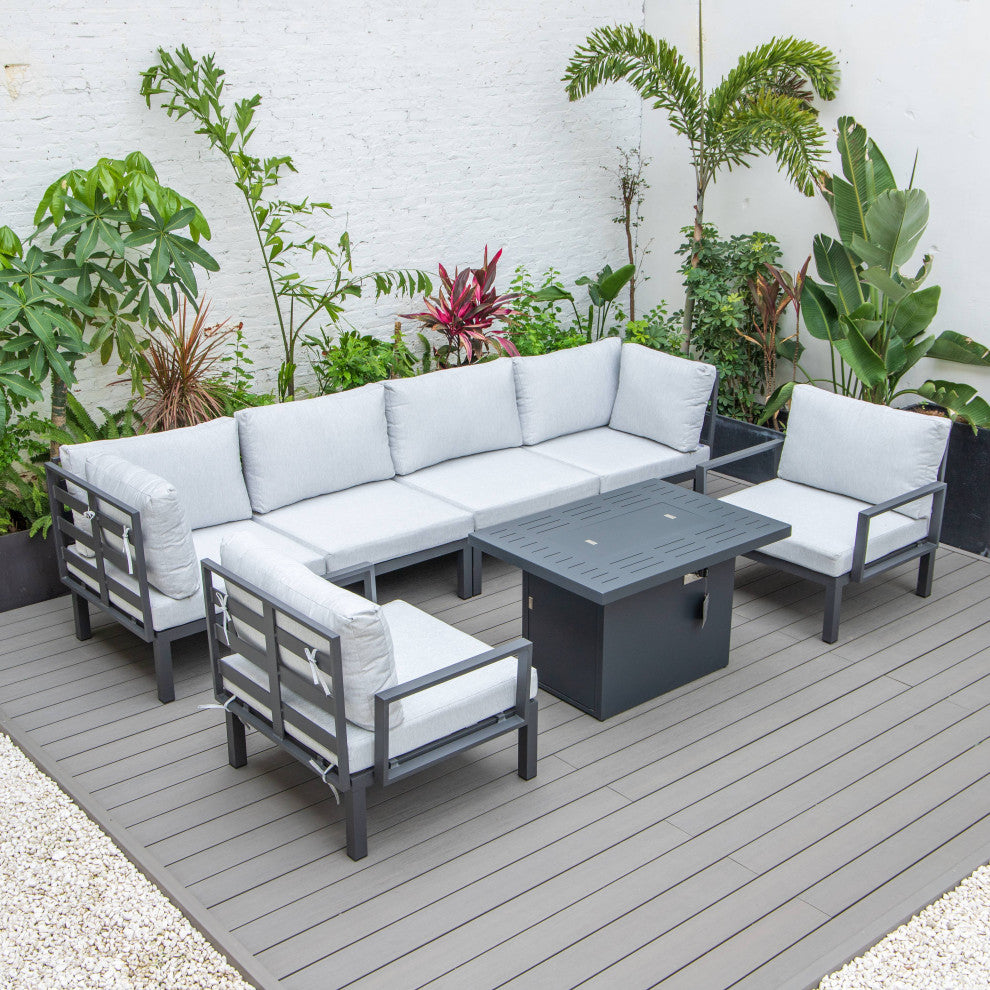 LeisureMod Hamilton 7-Piece Patio Sectional Set With Fire Pit Table, Light Gray