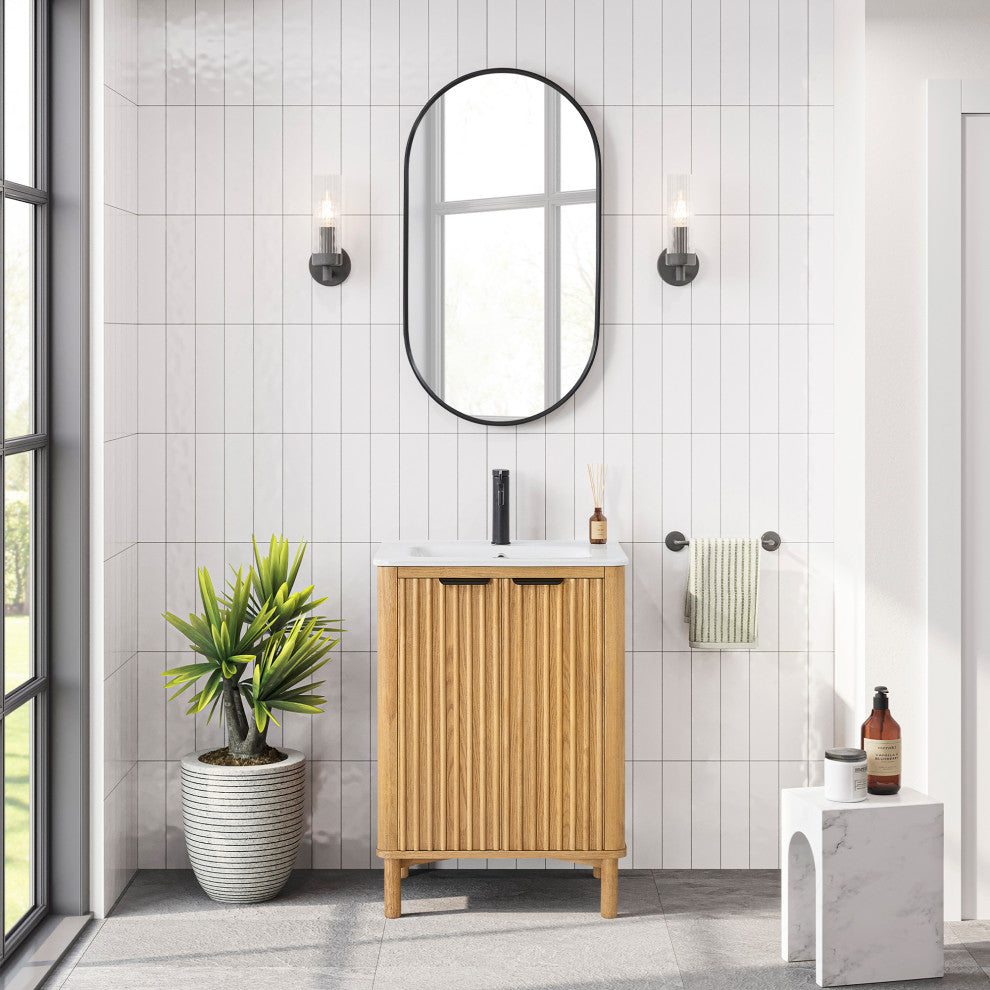 Mumbai Bath Vanity with Ceramic Basin Top without Mirror, Weathering Light Brown, 24", Single Vanity
