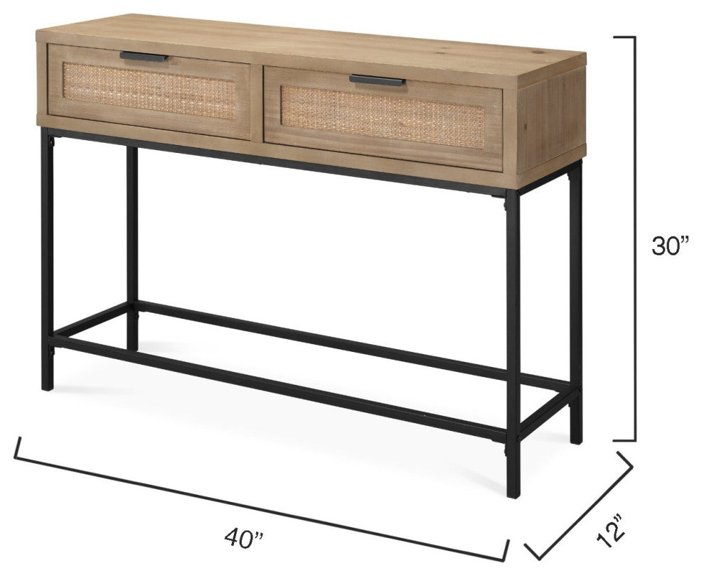 Luxe Woven Raffia Front 2 Drawer Console Table Casual Light Wood 40"