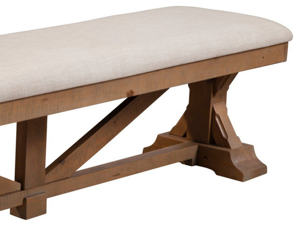 Benzara BM283851 69" Dining Accent Bench Beige Fabric Cushion, Pine Wood, Brown