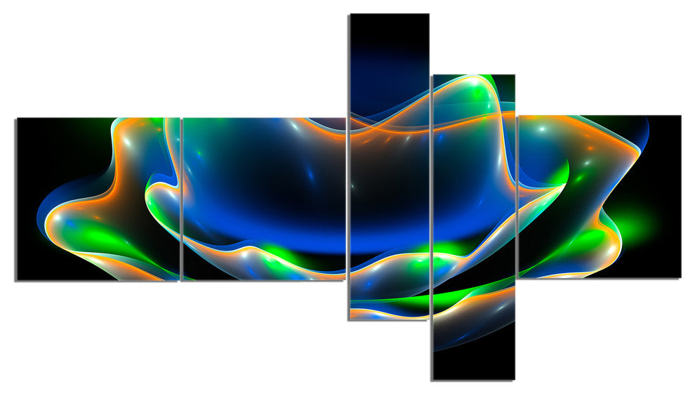 Green Fractal Flower in Dark, Floral Canvas Art Print, 60"x32", 5 panels