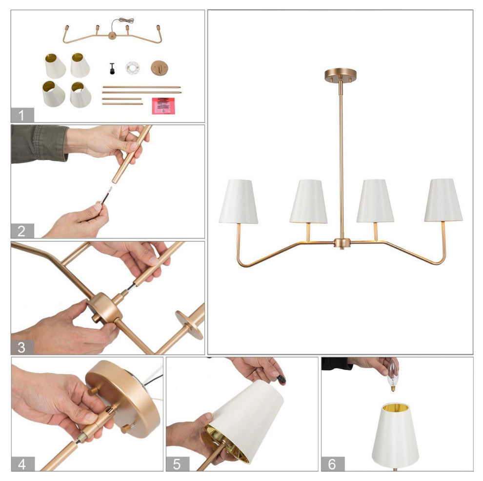4-Lightsmatte Gold and White Fabric Shade Modern Linear LED Kitchen Island Lamp