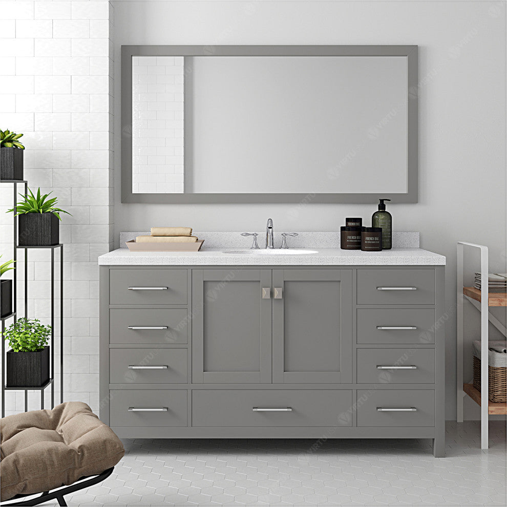 Caroline Avenue 60" Single Bath Vanity, Gray w White Quartz Top and Round Sink