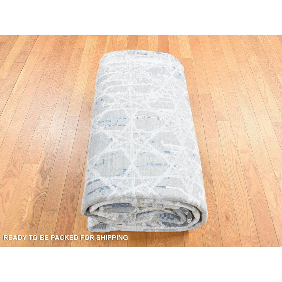 Gray, THE HONEYCOMB Design, Hand Knotted Wool and Silk Rug, 10'x14'1"